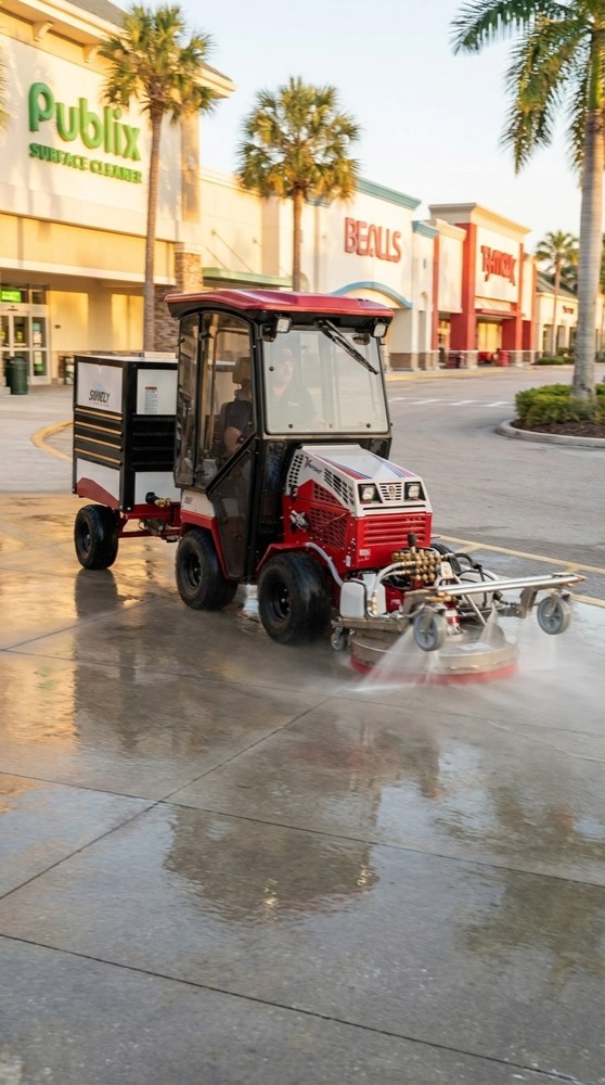 Wide commercial parking lot being restored to bright, even pavement by a ride-on surface cleaner