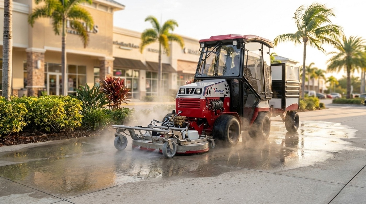 Rotary surface cleaner restoring even tone across a stained commercial parking lot